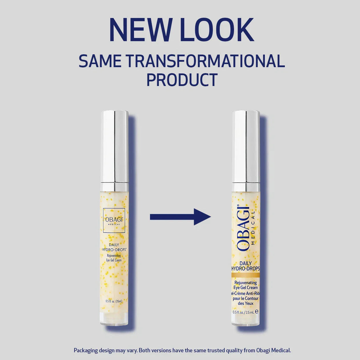 Two Obagi skincare products with a blue arrow and text indicating a new look.