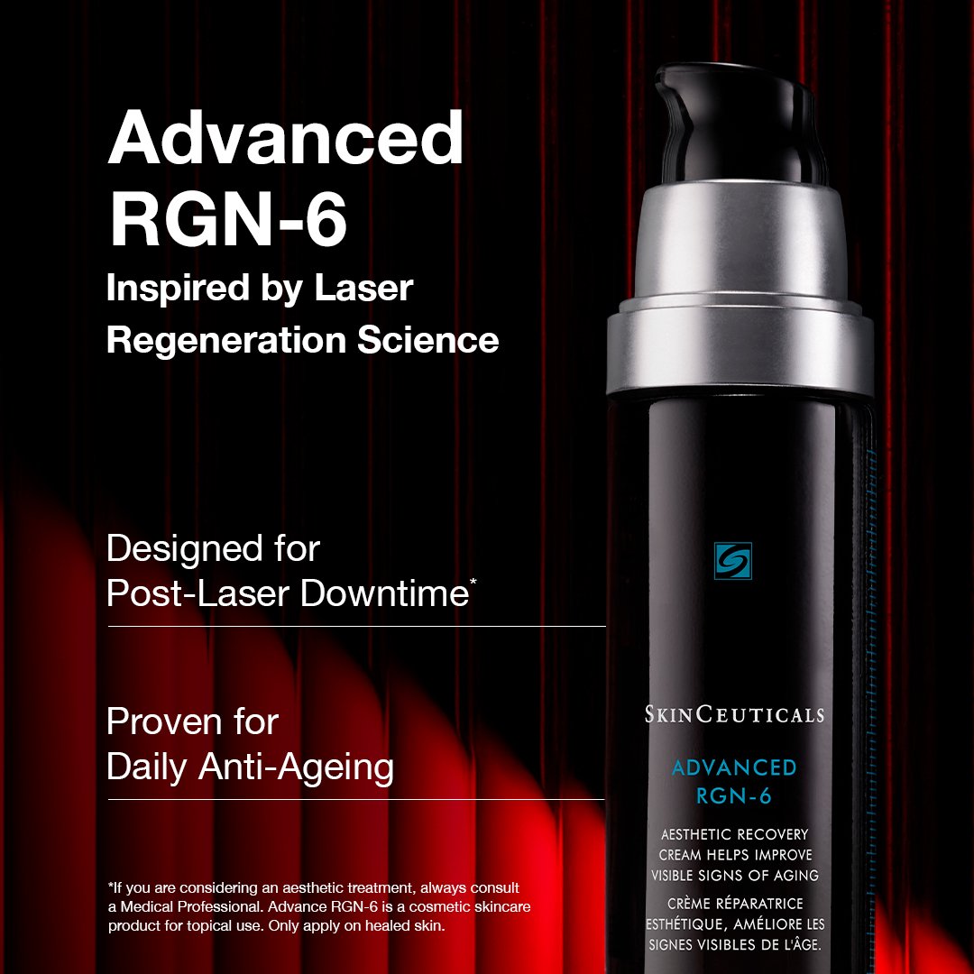 SkinCeuticals Advanced RGN-6 skincare product with text on laser regeneration science and anti-aging benefits.