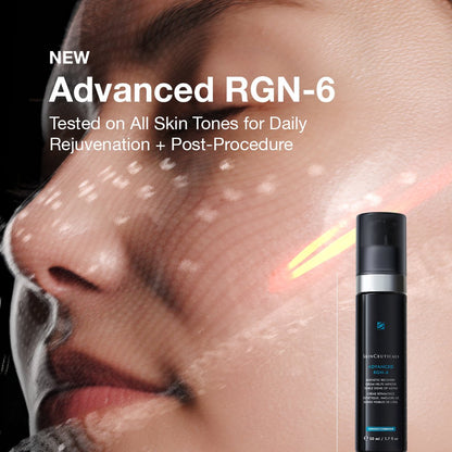 Advertisement for Advanced RGN-6 skin care product with close-up of skin and product bottle.